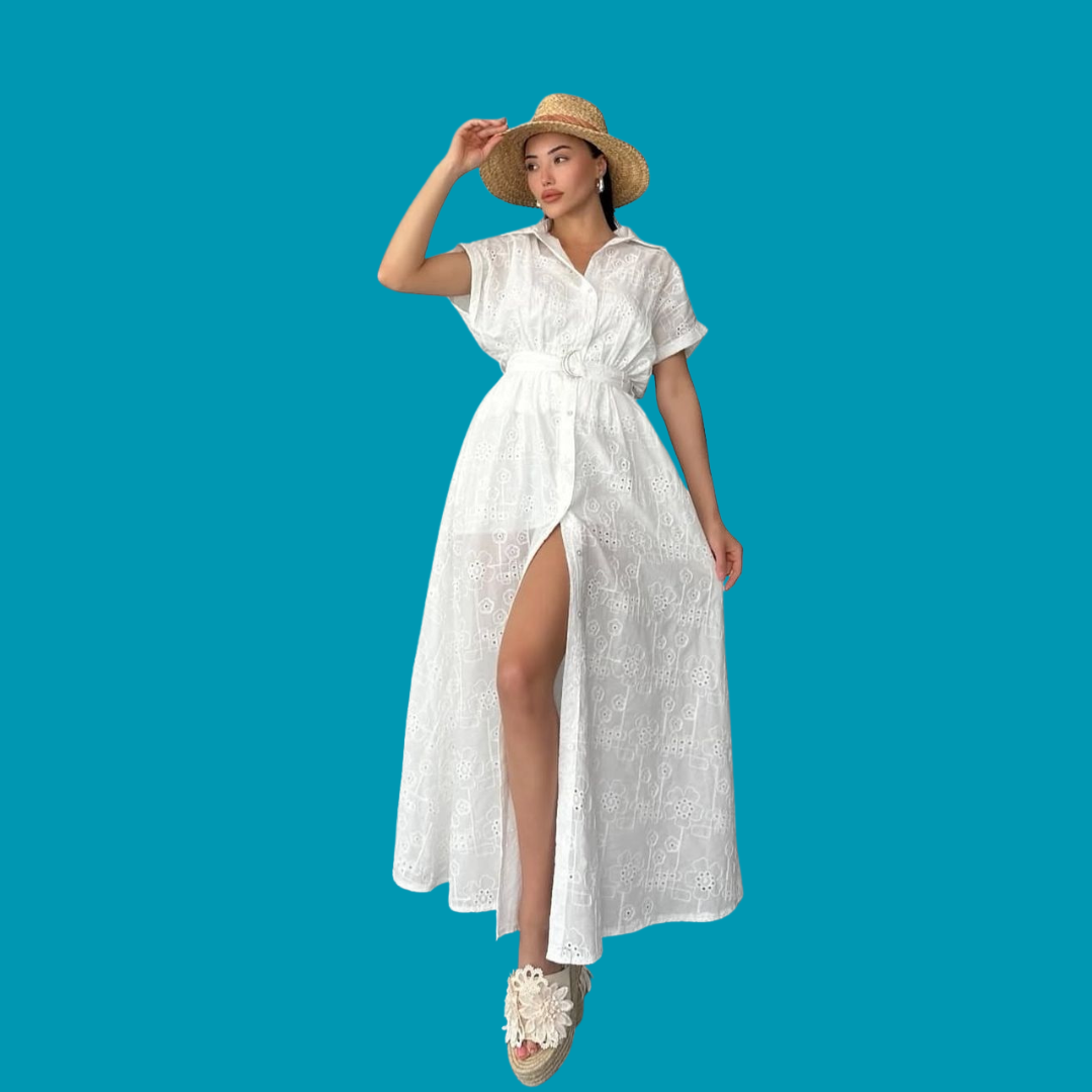 Robe longue blanche en broderie anglaise