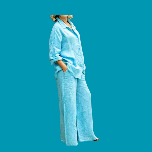 Ensemble femme en lin bleu ciel